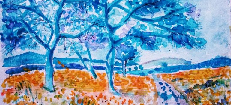 A watercolor painting of road and trees.