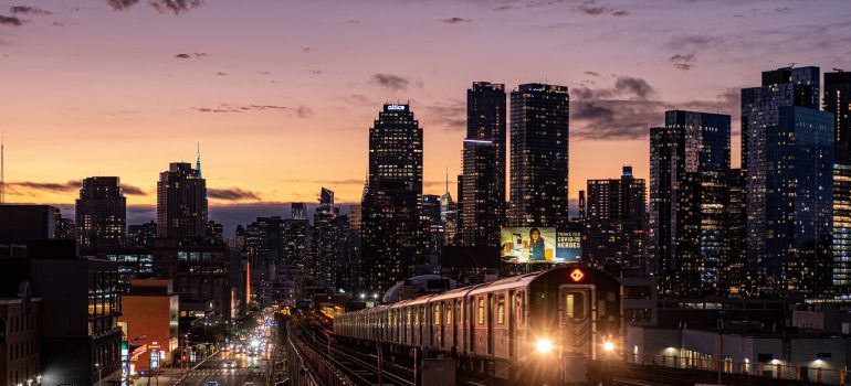City skyline and a moving train
