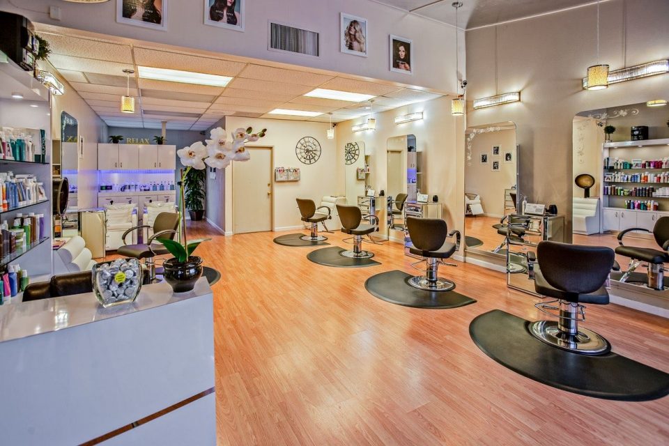 an empty modern-looking hair salon